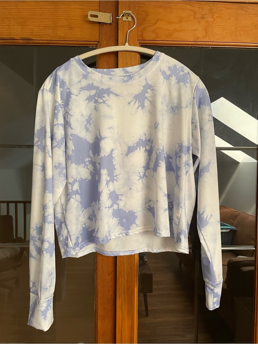 Tie-Dye Long Sleeve Crop Top - Light Blue/White